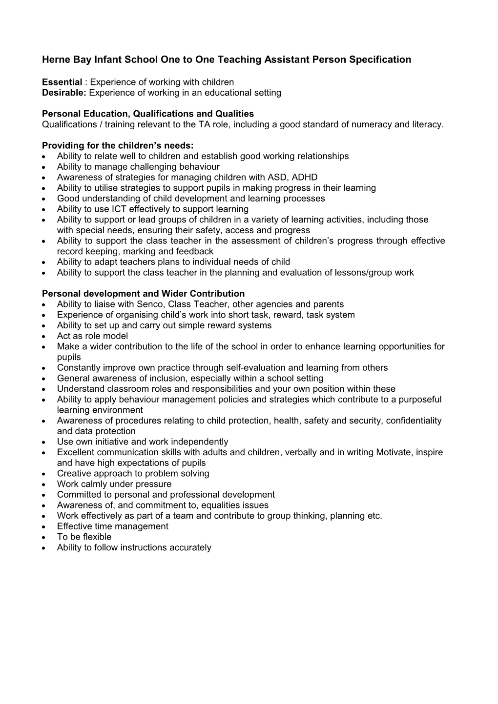 Herne Bay Infant School One to One Teaching Assistant Person Specification