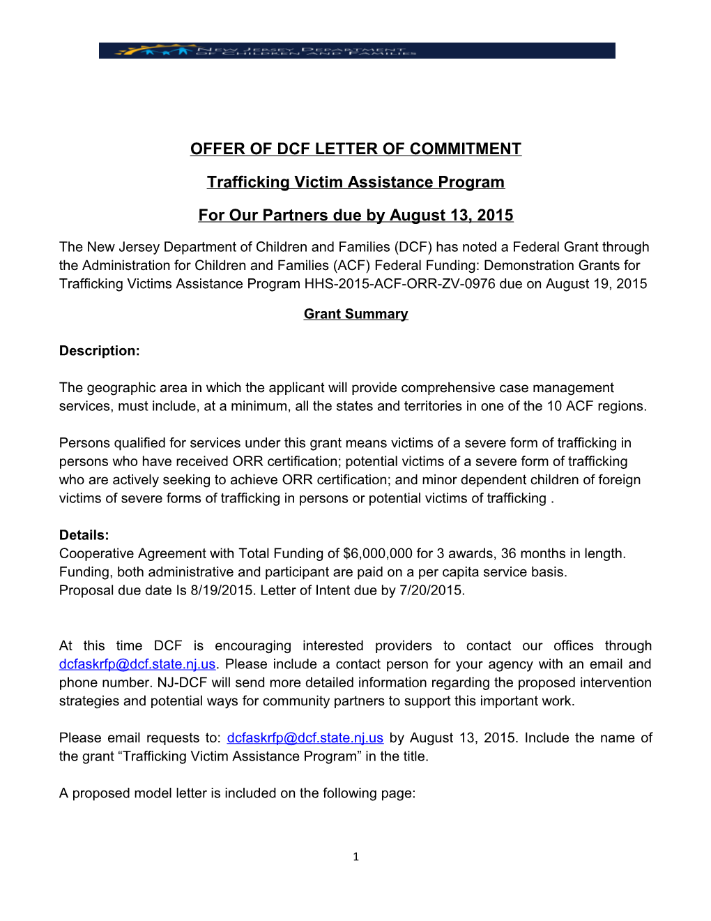 Offerof Dcf Letter of Commitment