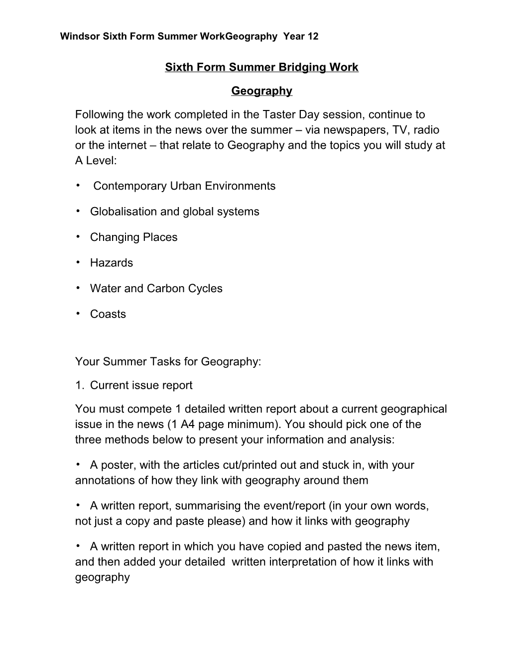 Windsor Sixth Form Summer Workgeography Year 12