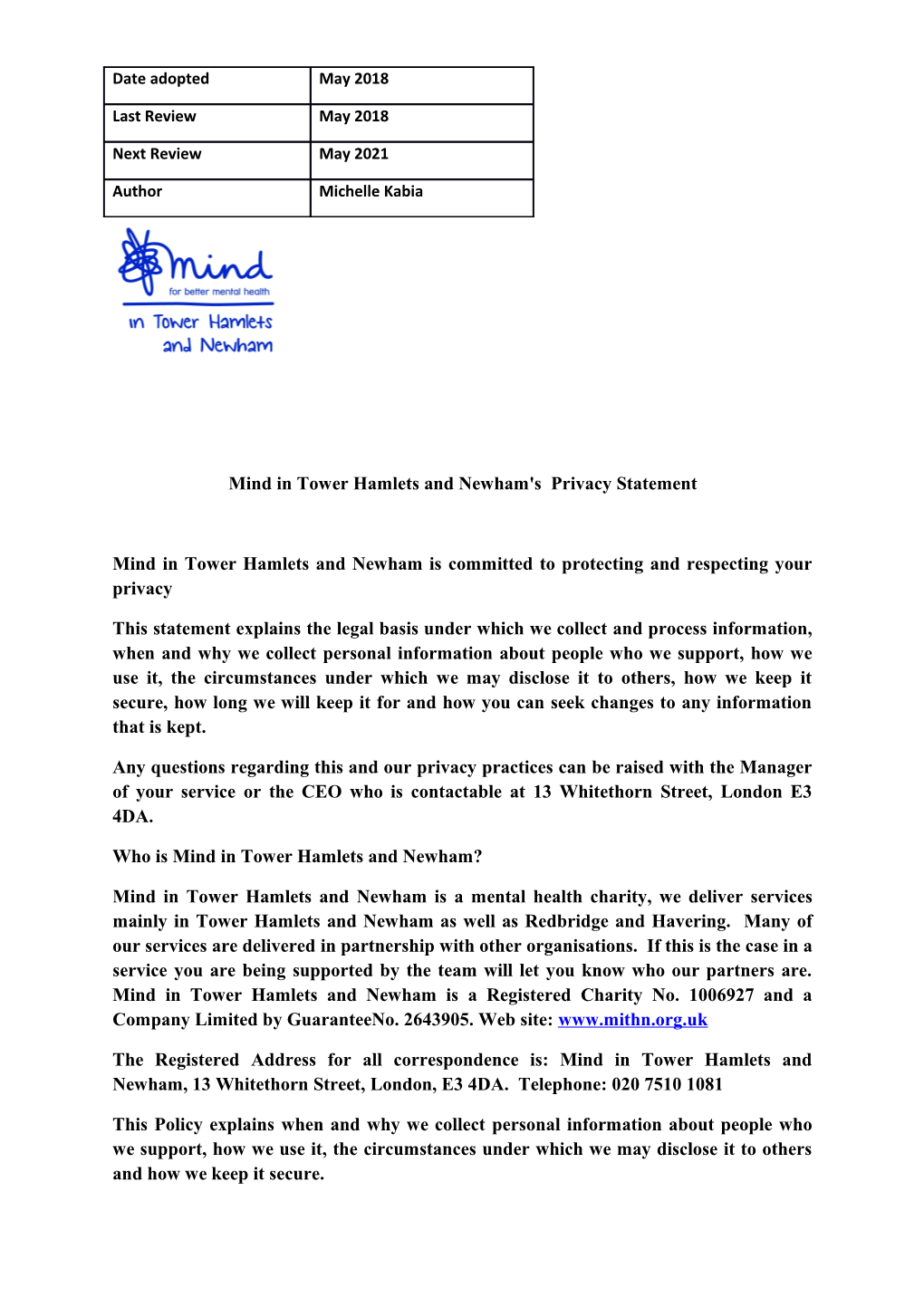 Mind in Tower Hamlets and Newham's Privacy Statement