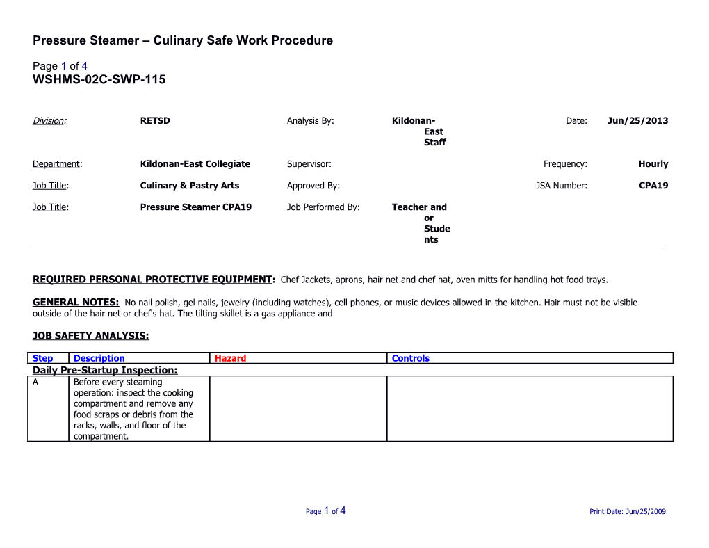 SWP-115 Pressure Steamer - Culinary Safe Work Procedure