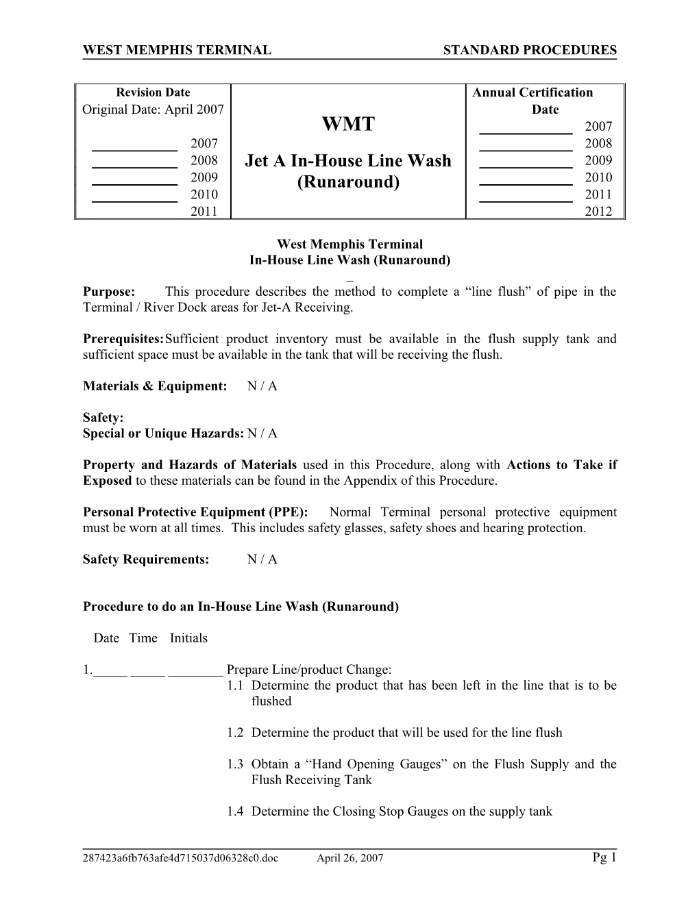 West Memphis Terminal Standard Procedures