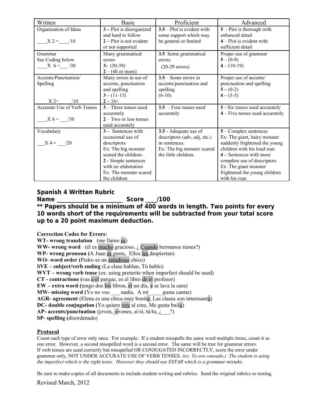 Spanish 4 Writing Rubric