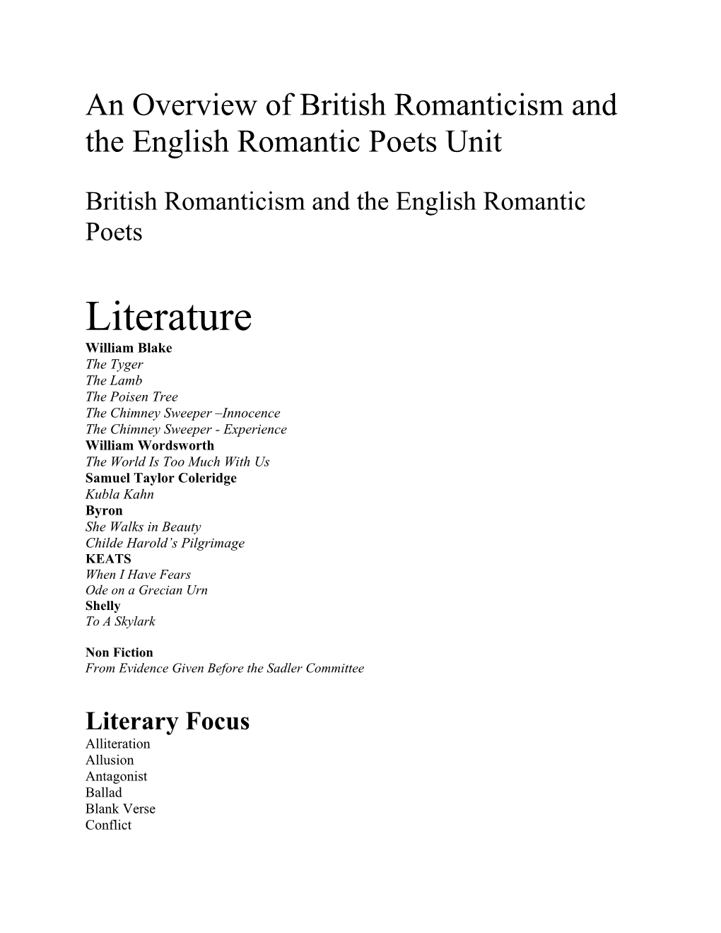 An Overview of British Romanticism and the English Romantic Poets Unit