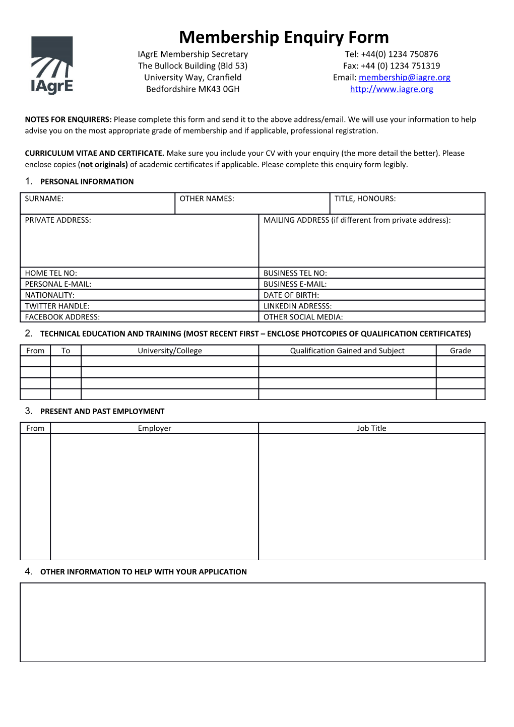 NOTES for Enquirers: Please Complete This Form and Send It to the Above Address/Email