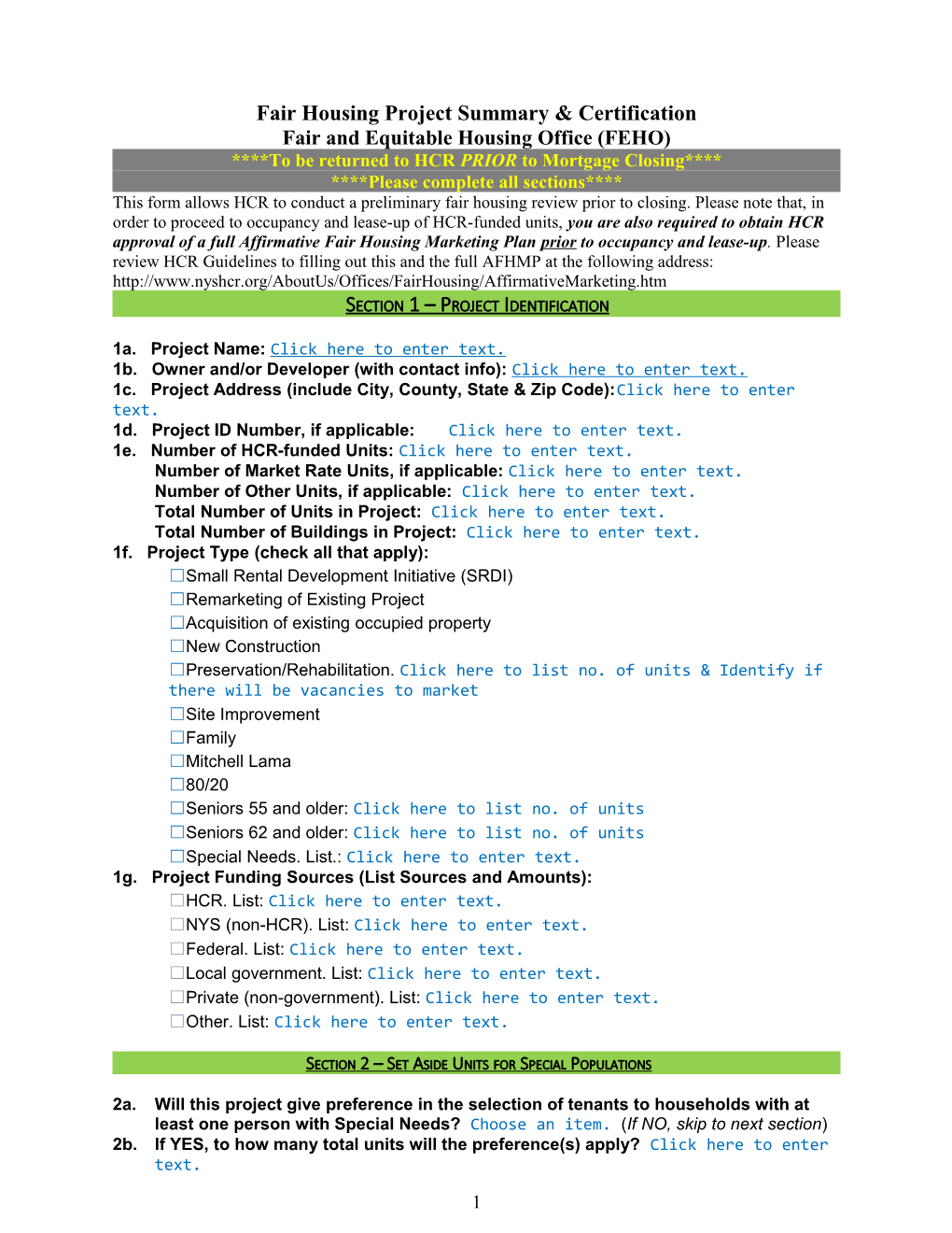 Fair Housing Project Summary & Certification