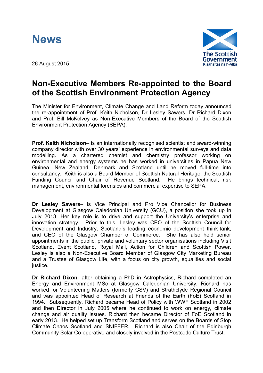 Non-Executive Membersre-Appointed to the Board of the Scottish Environment Protection Agency