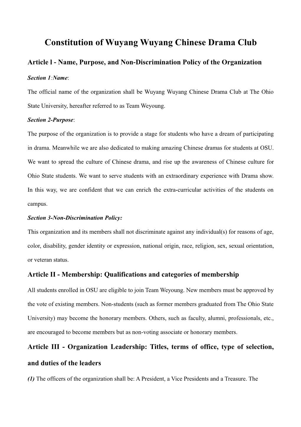 Constitution of Wuyang Wuyang Chinese Drama Club