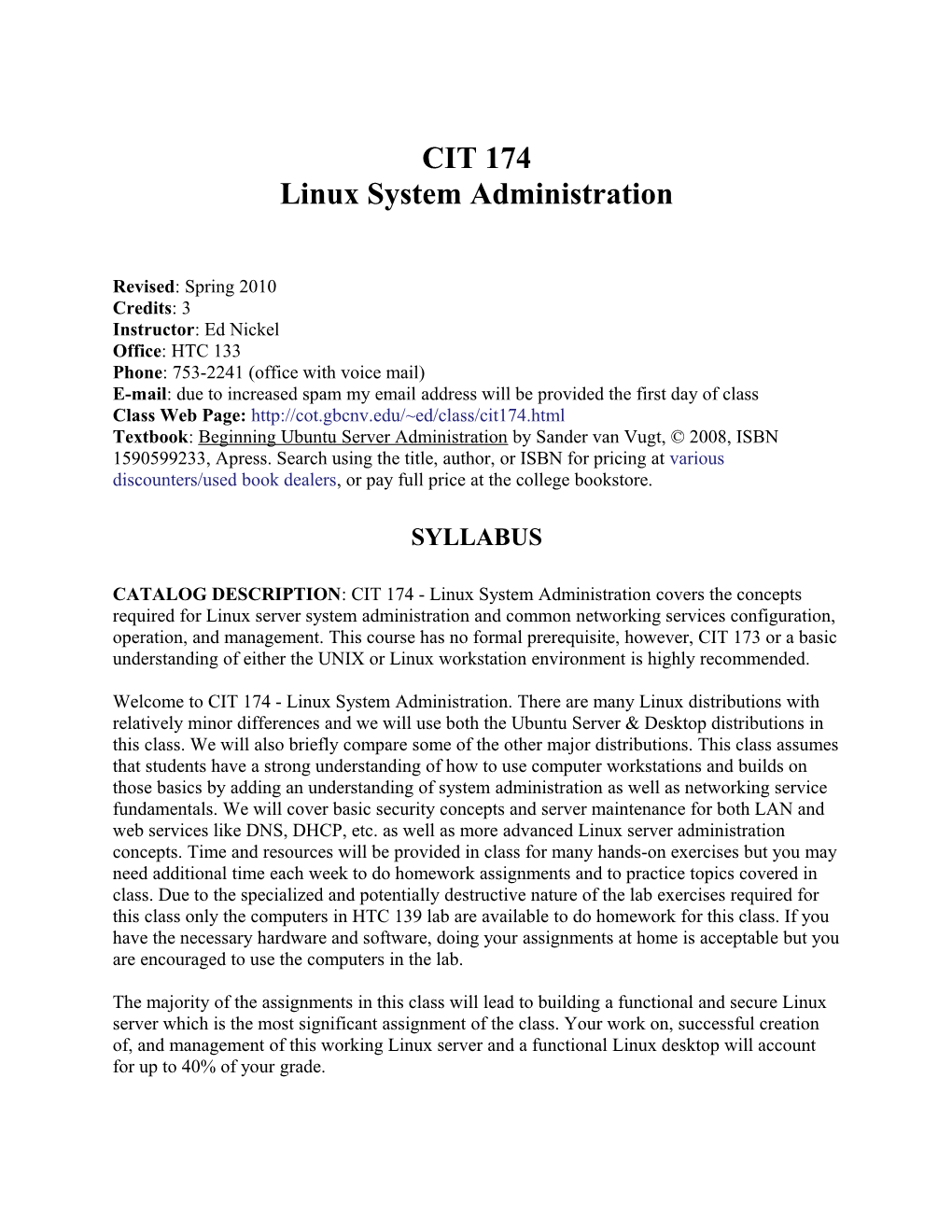 CIT 174 Linux System Administration