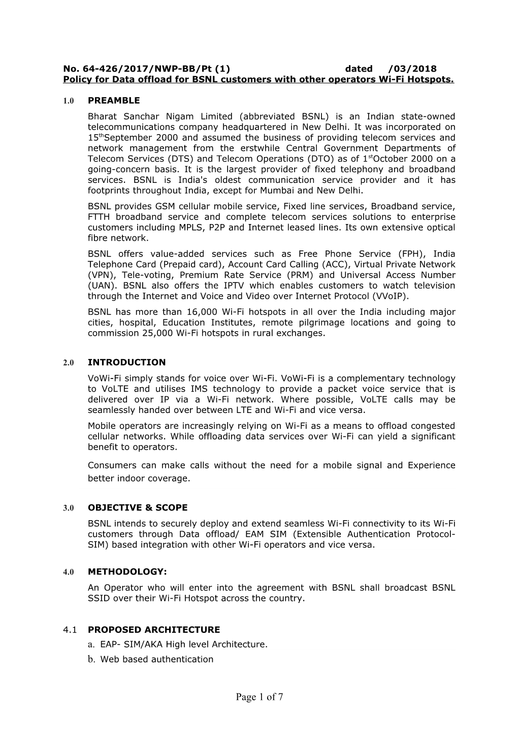 Policy for Data Offload for BSNL Customers with Other Operators Wi-Fi Hotspots