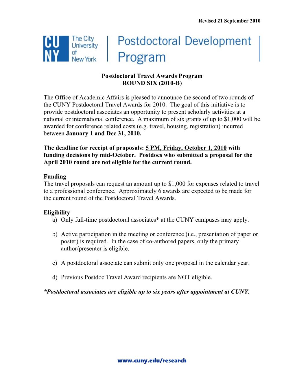 Post-Doctoral Travel Awards Program