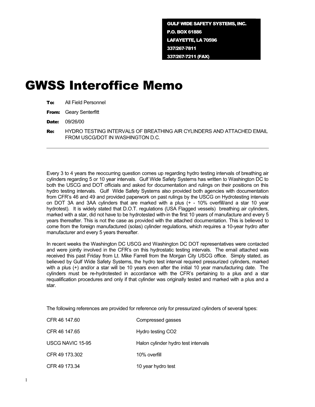 GWSS Interoffice Memo