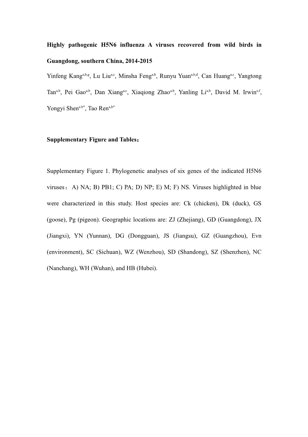 Highly Pathogenic H5N6 Influenza a Viruses Recovered from Wild Birds in Guangdong, Southern