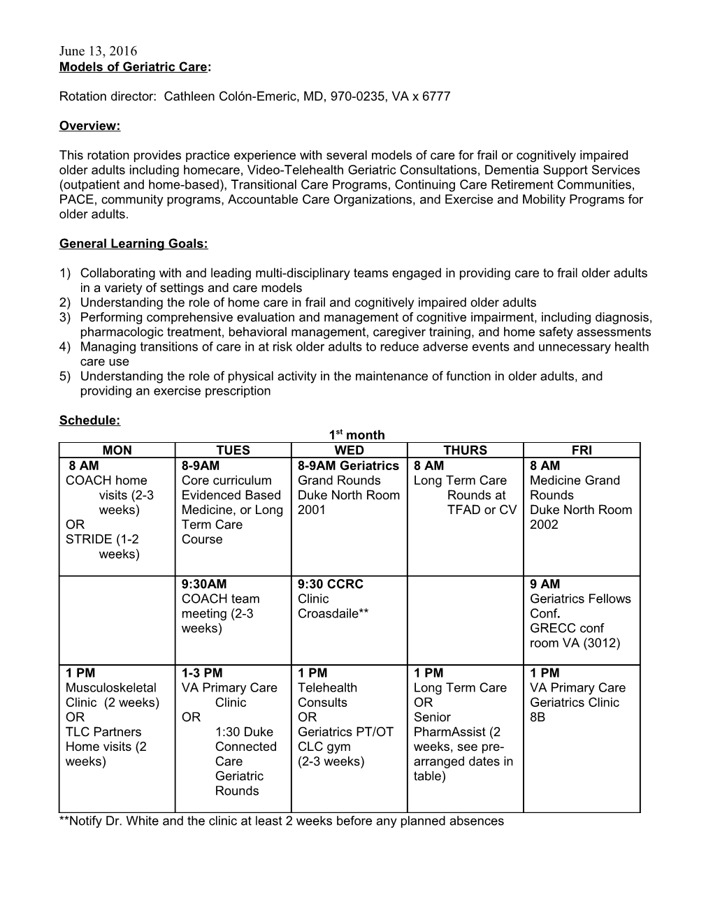 Academic Geriatrics Rotation Schedule