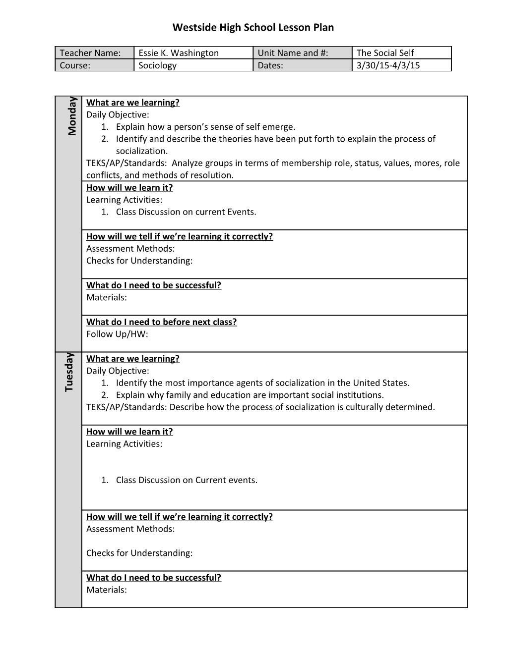 Westside High School Lesson Plan s6