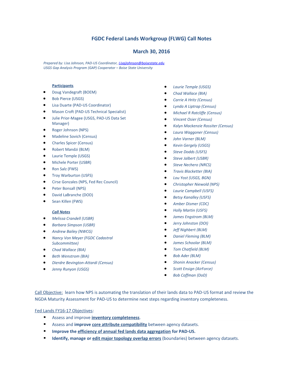 FGDC Federal Lands Workgroup (FLWG) Call Notes s1