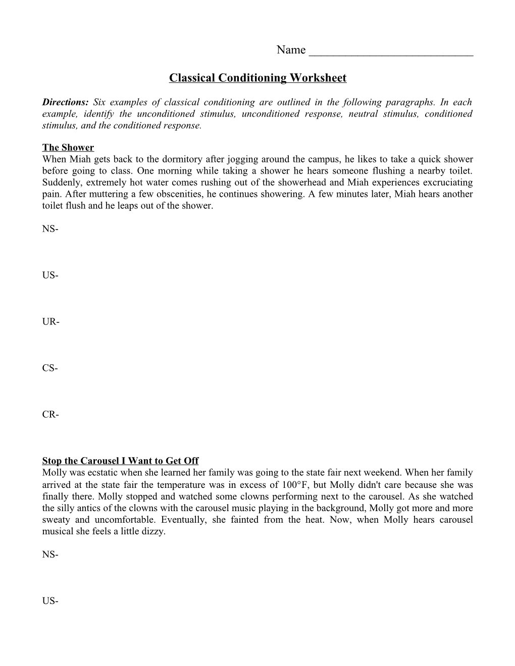 Classical Conditioning Worksheet