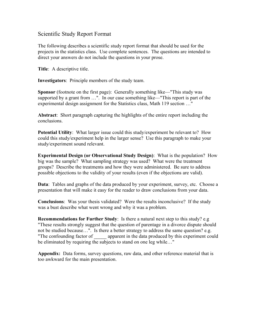 Scientific Study Report Format