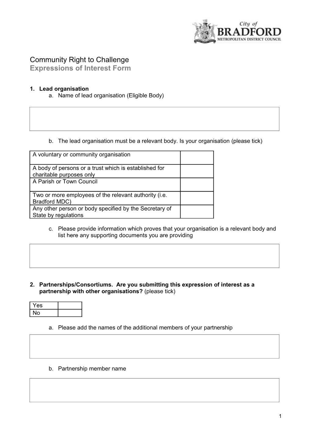 Bradford Council Community Right to Challenge Expressions of Interest Form