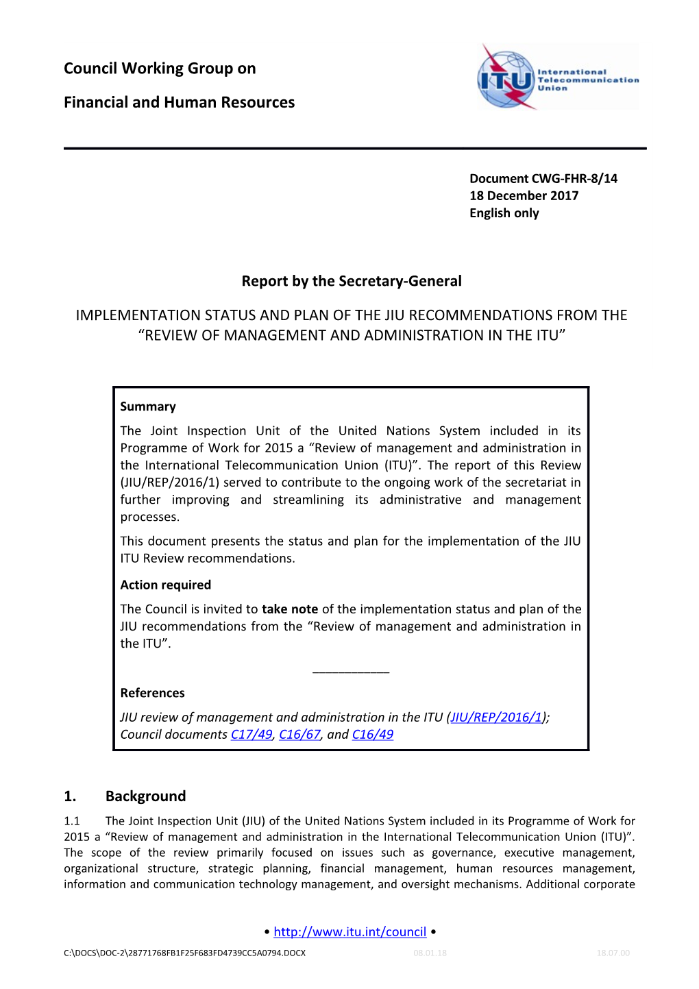 Implementation Status and Plan of the JIU Recommendations from the Review of Management