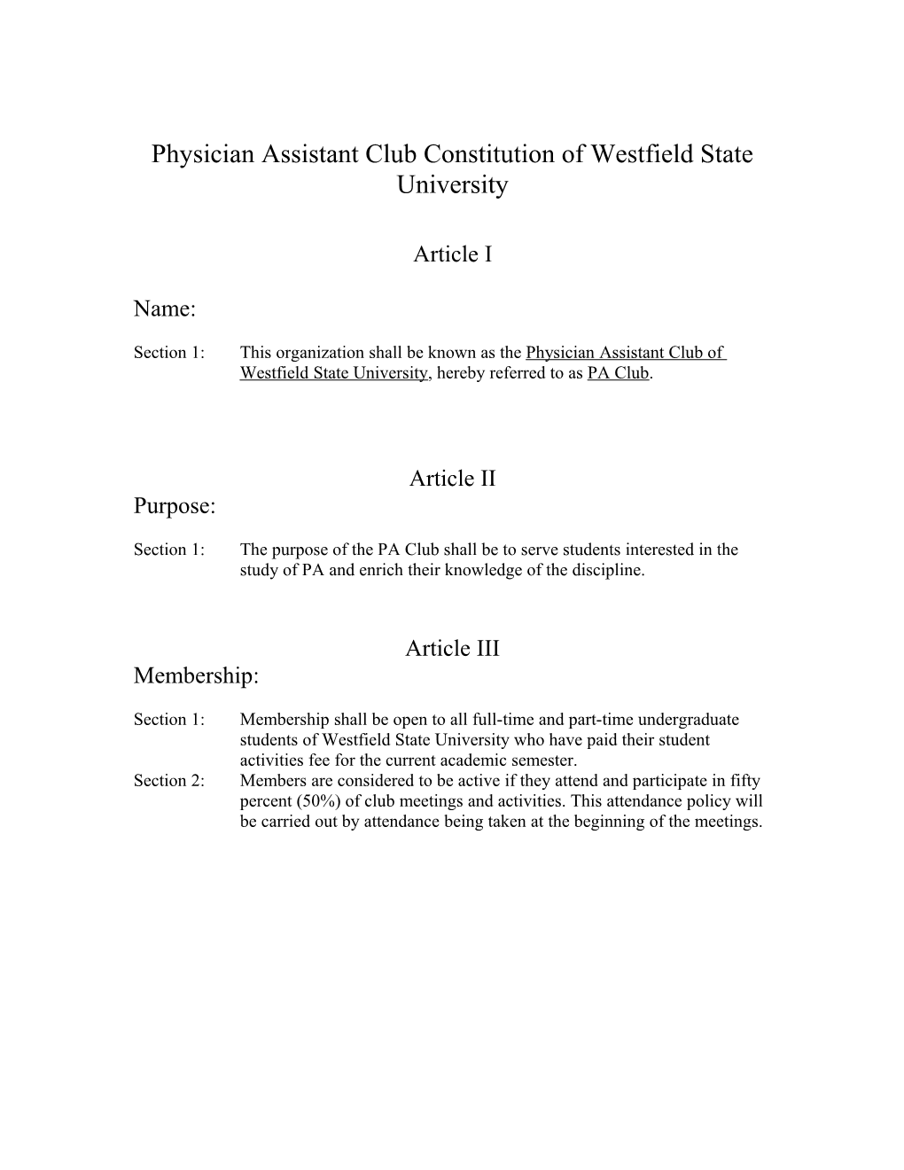 Physician Assistant Club Constitution of Westfield State University