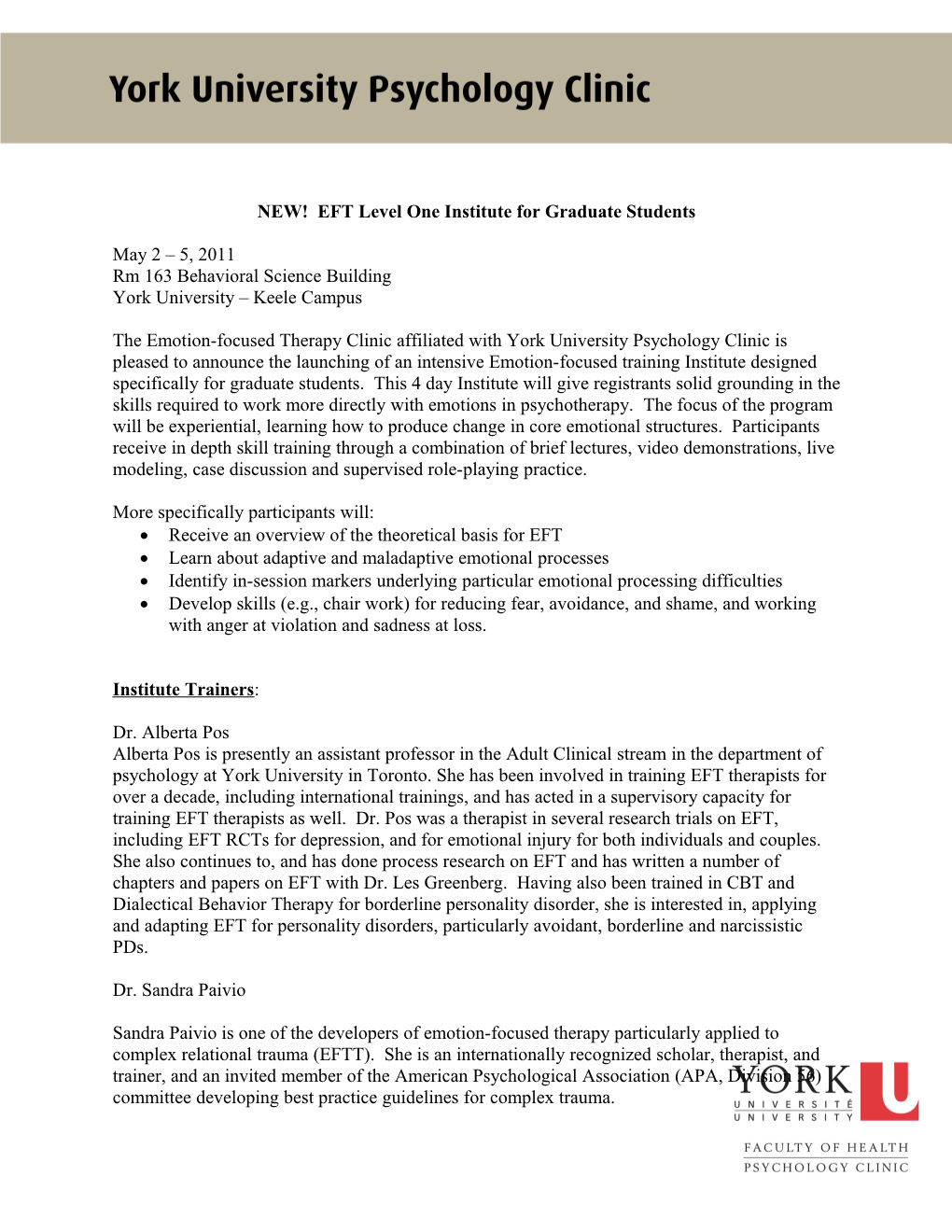 NEW! EFT Level One Institute for Graduate Students
