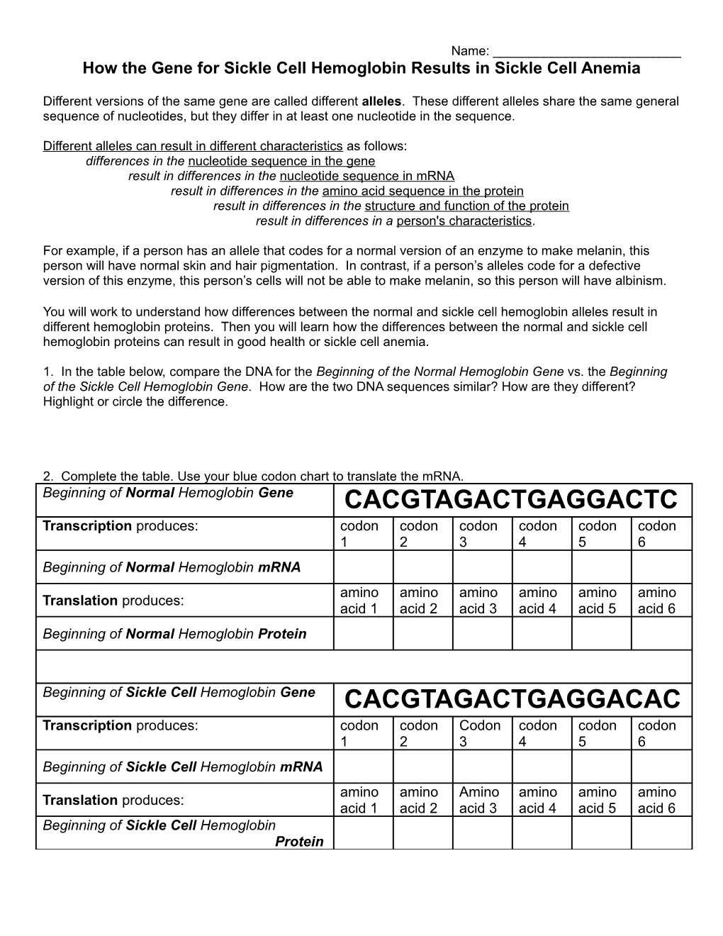 How the Gene for Sickle Cell Hemoglobin Results in Sickle Cell Anemia