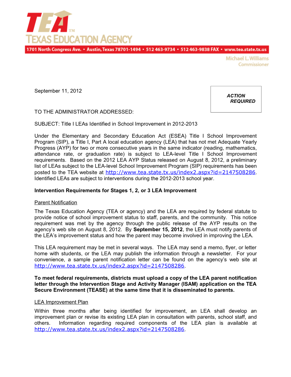 SUBJECT: Title I Leas Identified in School Improvement in 2012-2013