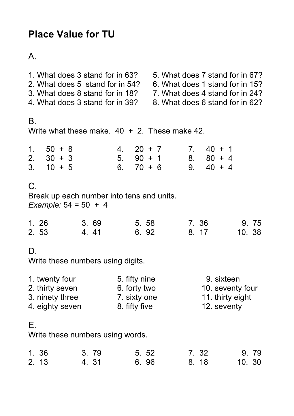 Place Value for TU