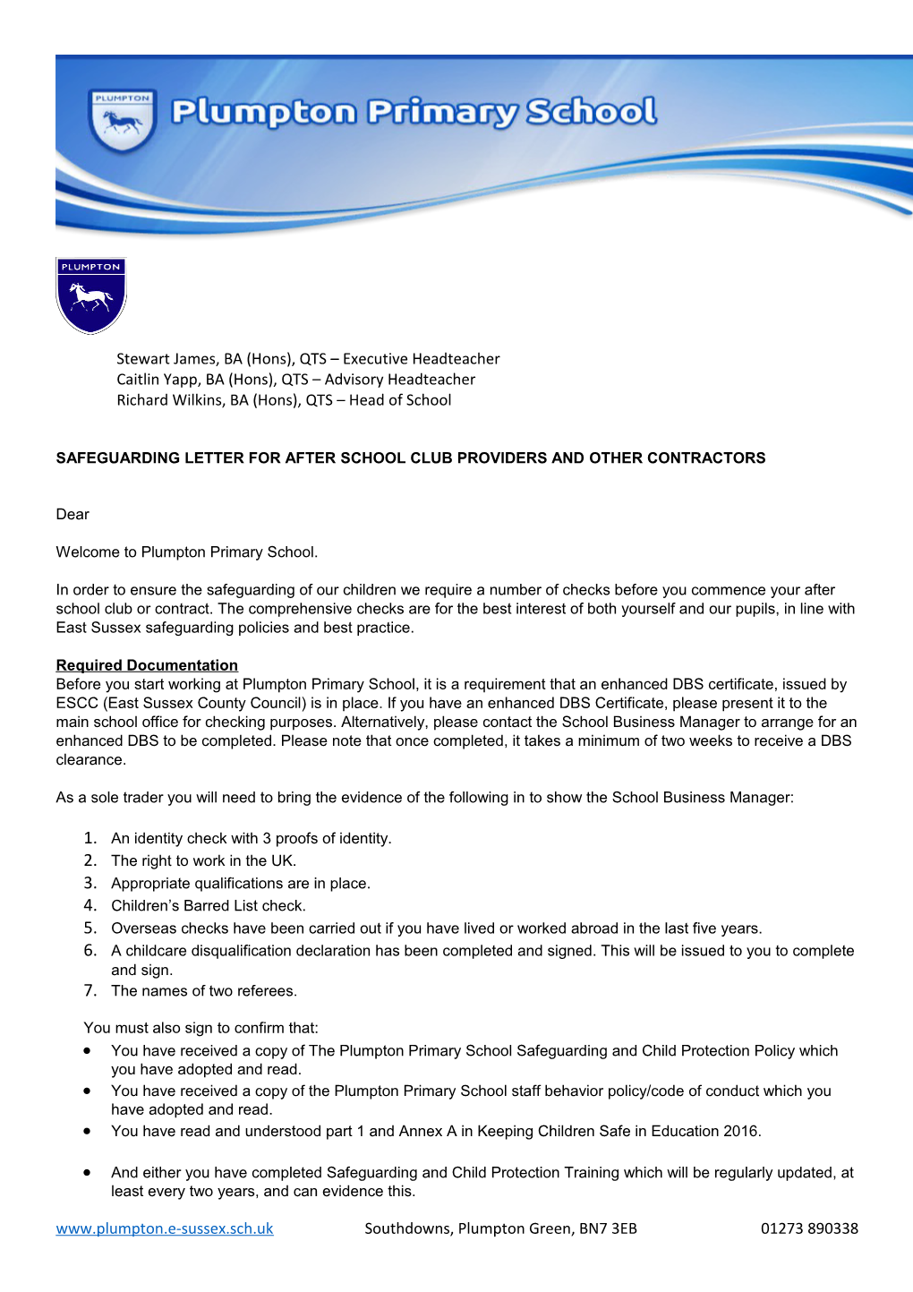 Safeguarding Letter for After School Club Providers and Other Contractors