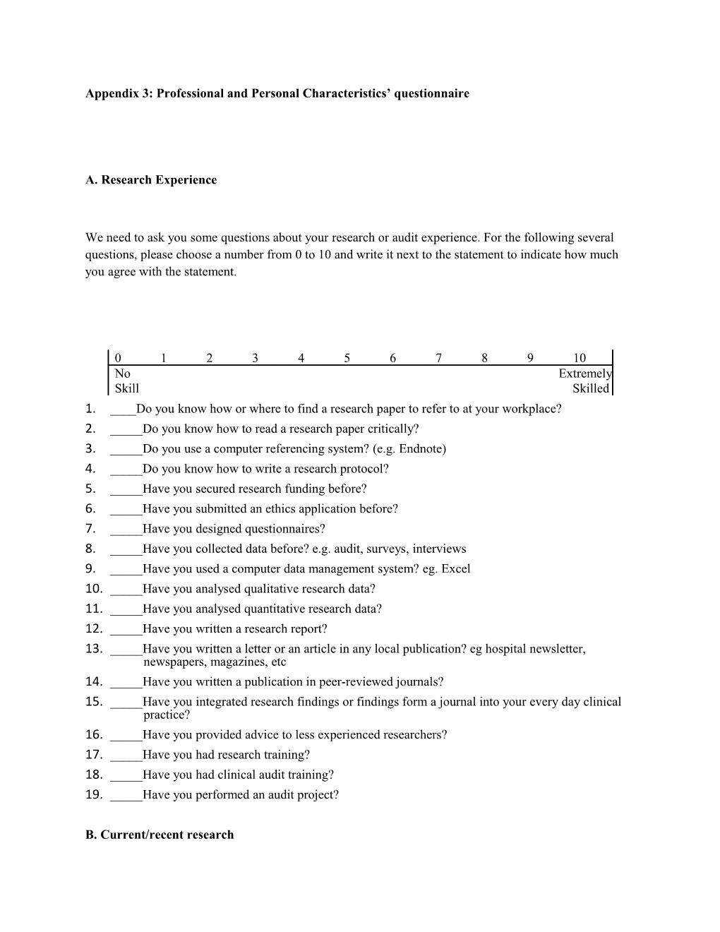 Appendix 3: Professional and Personal Characteristics Questionnaire