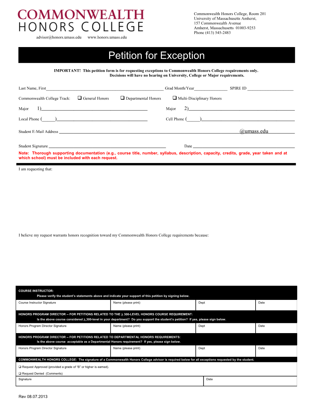 IMPORTANT! This Petition Form Is for Requesting Exceptions to Commonwealth Honors College