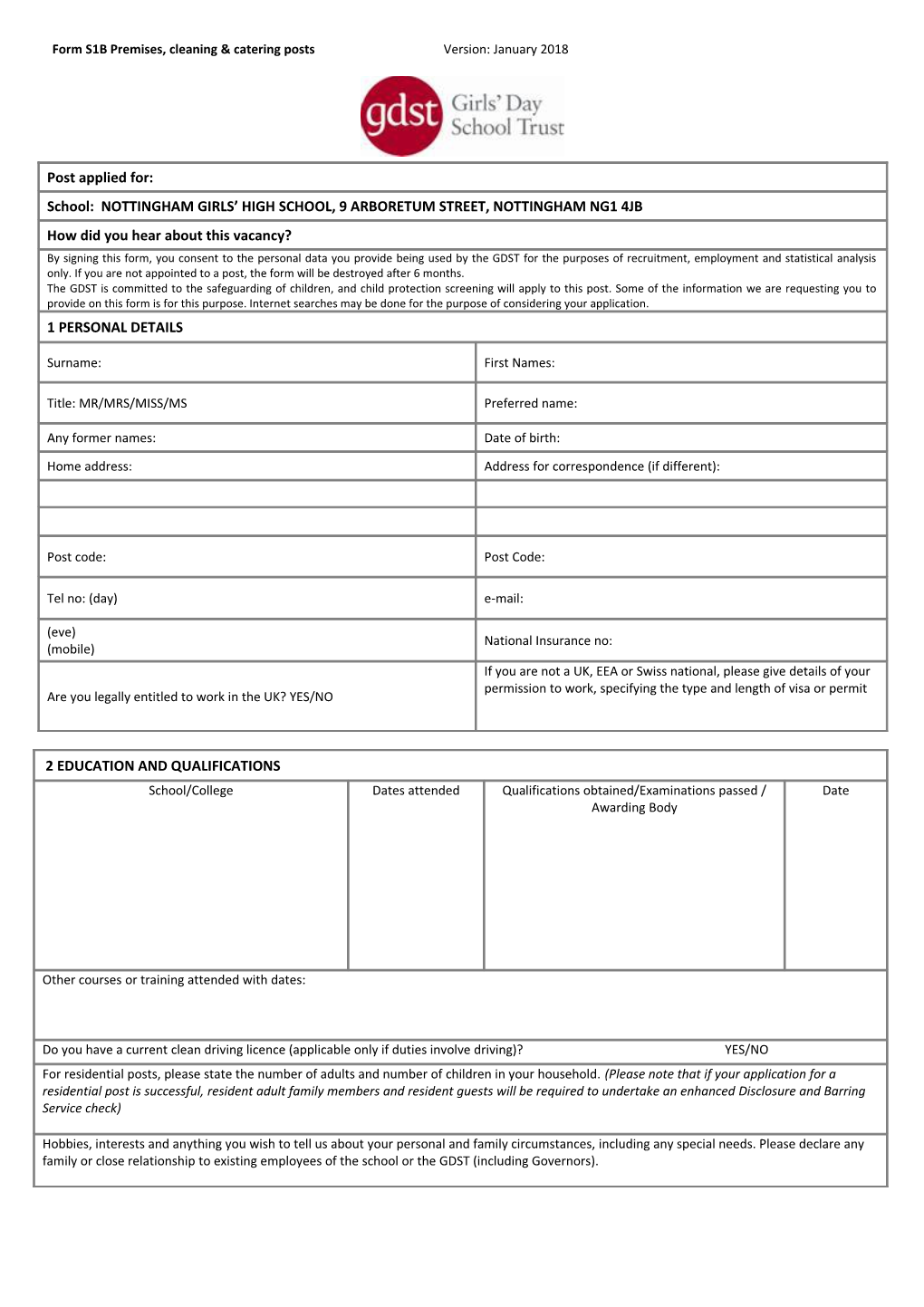 Application for Employment Form- Caretaking, Cleaning, Catering