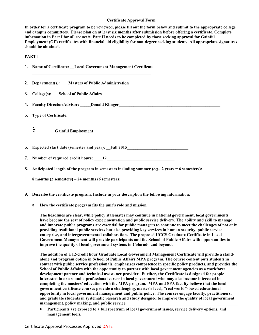 Certificate Approval Form