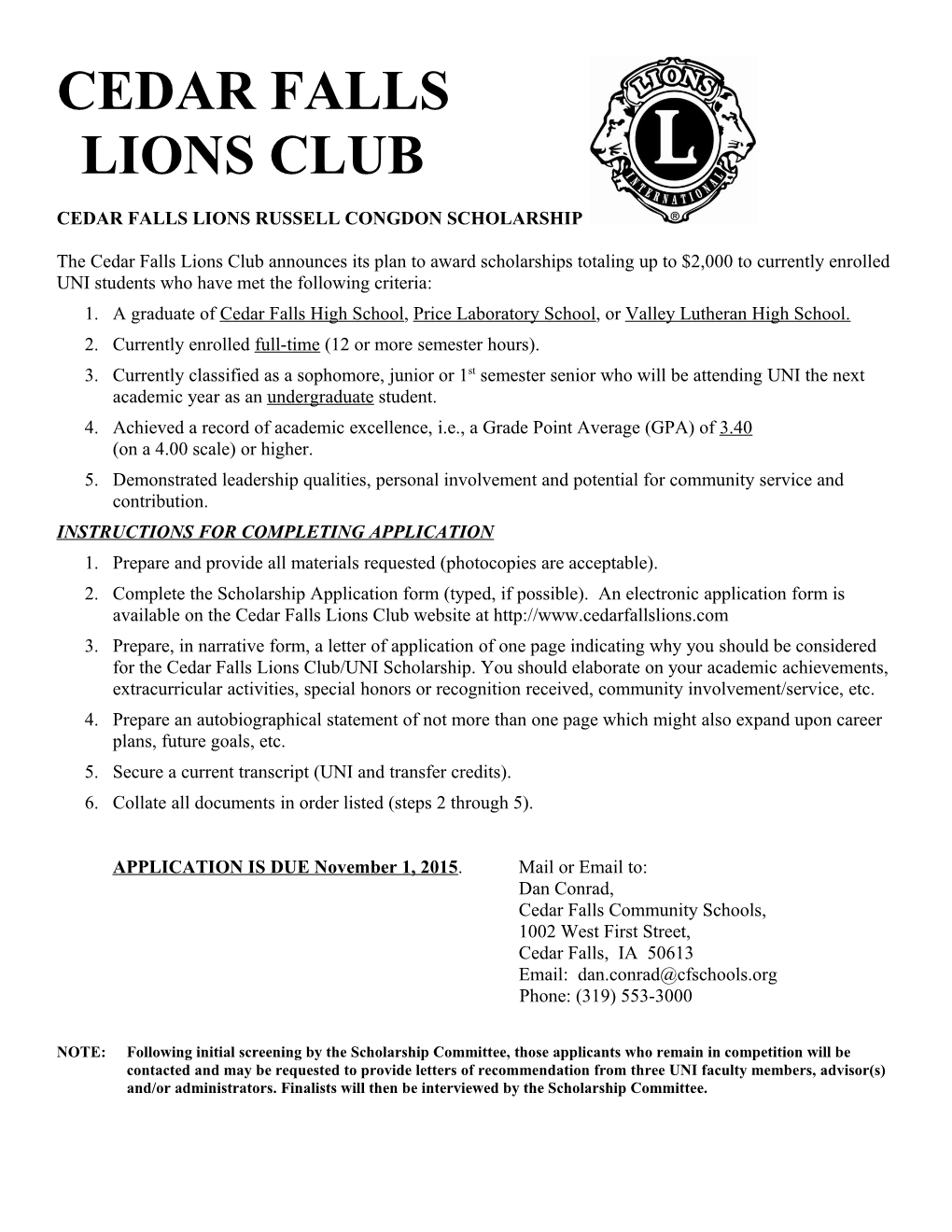 Cedar Falls Lions Russell Congdon Scholarship