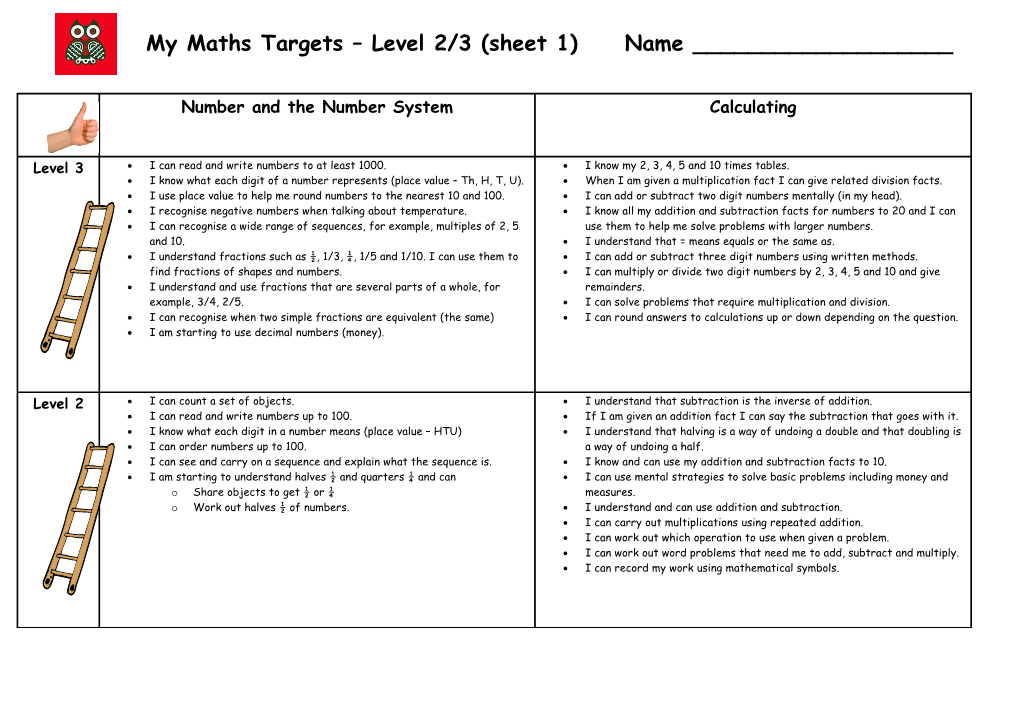 My Maths Targets Level 2/3 (Sheet 1) Name ______