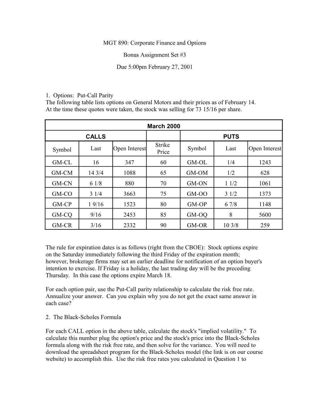 MGT 890: Corporate Finance and Options