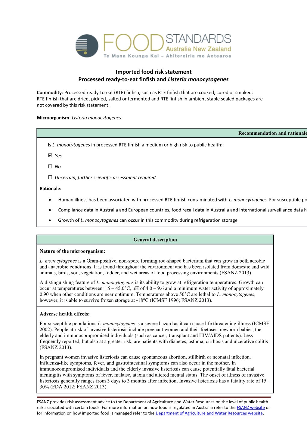 Processed Ready-To-Eat Finfish and Listeria Monocytogenes