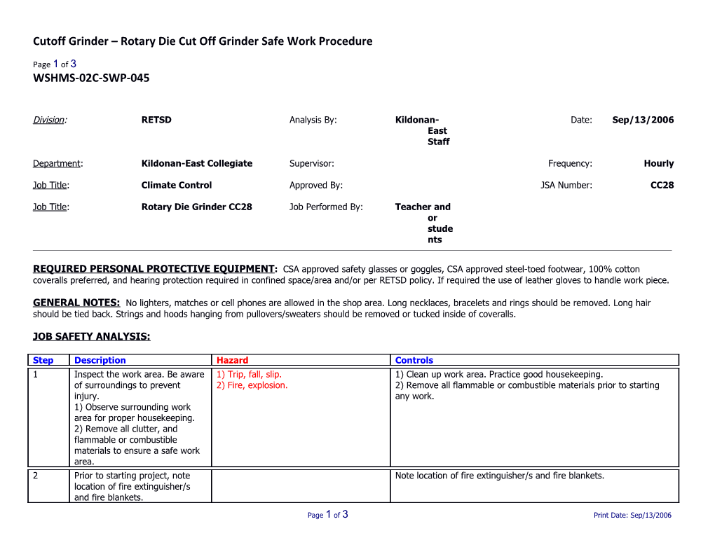 SWP-045 Grinder - Cutoff Rotary Die Cut Off Grinder Safe Work Procedure