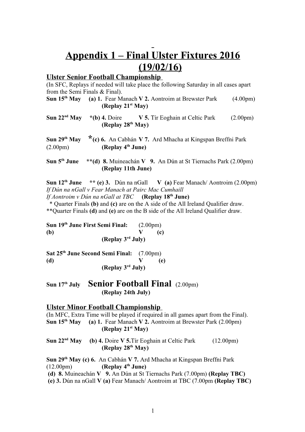 Appendix 1 Final Ulster Fixtures 2016 (19/02/16)