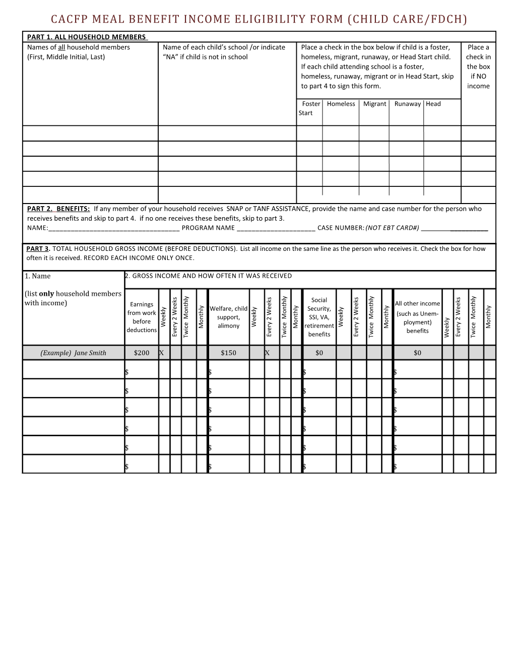 CACFP Meal Benefit Income Eligibility Form (Child Care/FDCH)