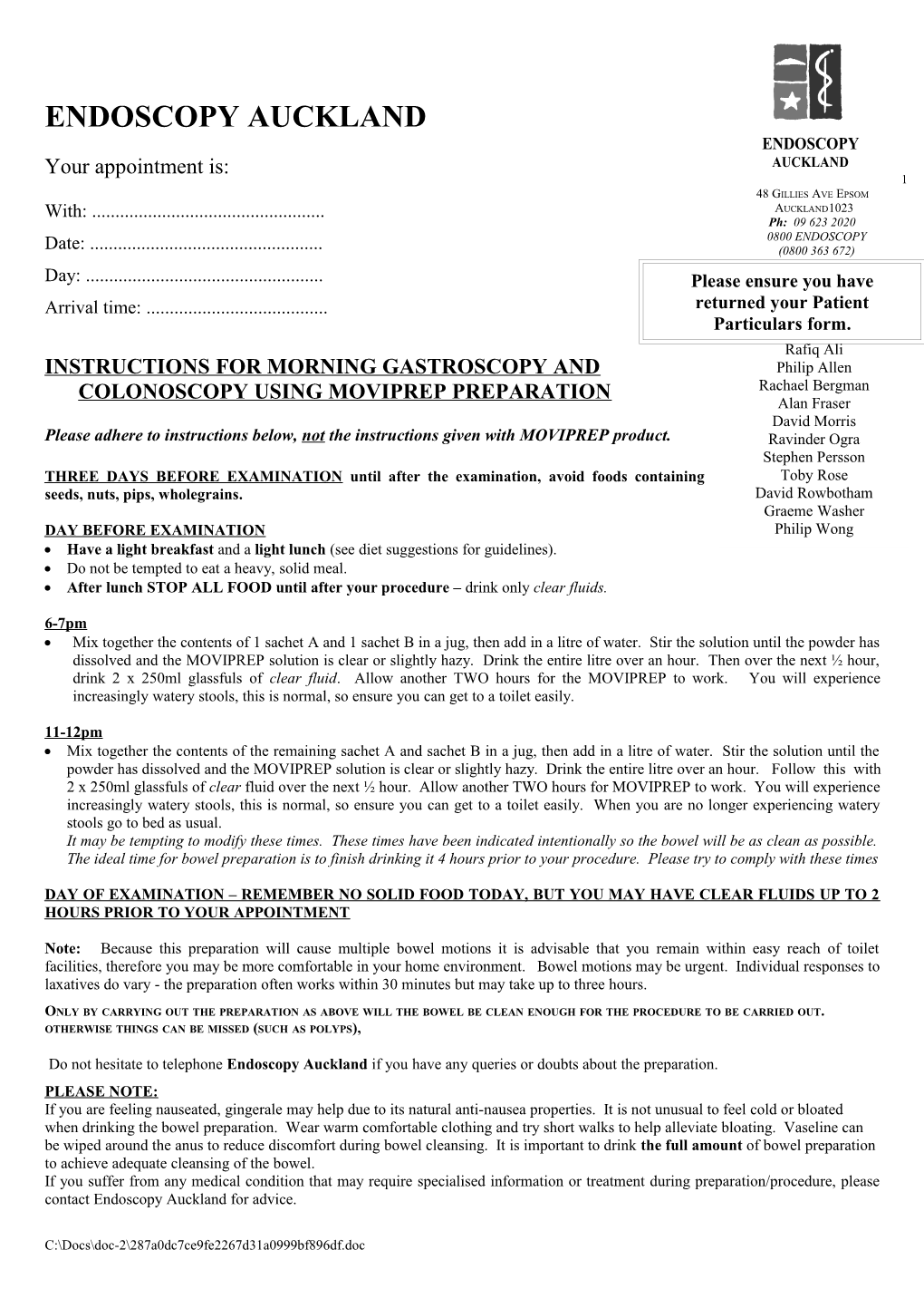 Instructions for Morning Gastroscopy and Colonoscopy Using Moviprep Preparation