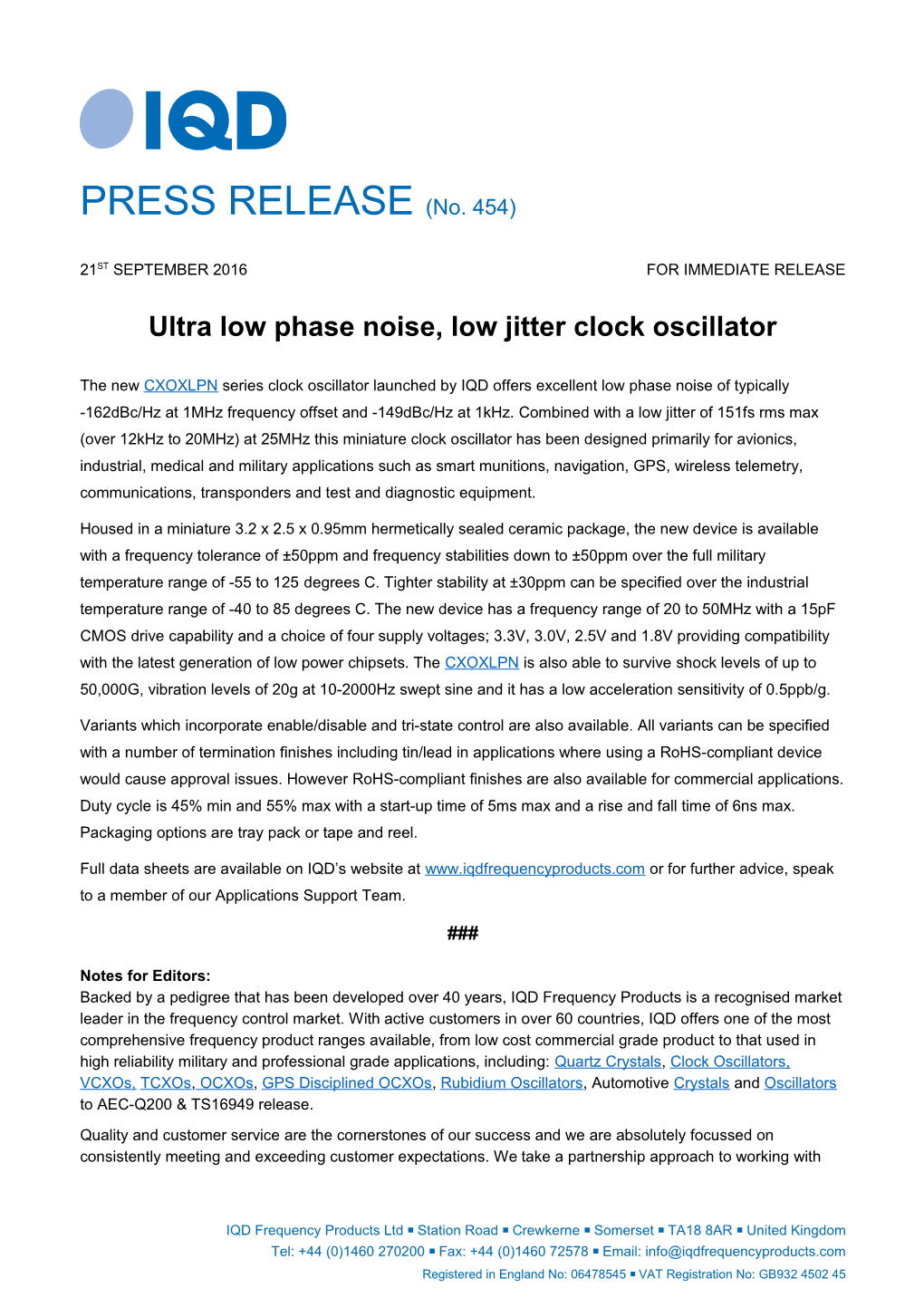 Ultra Low Phase Noise, Low Jitter Clock Oscillator