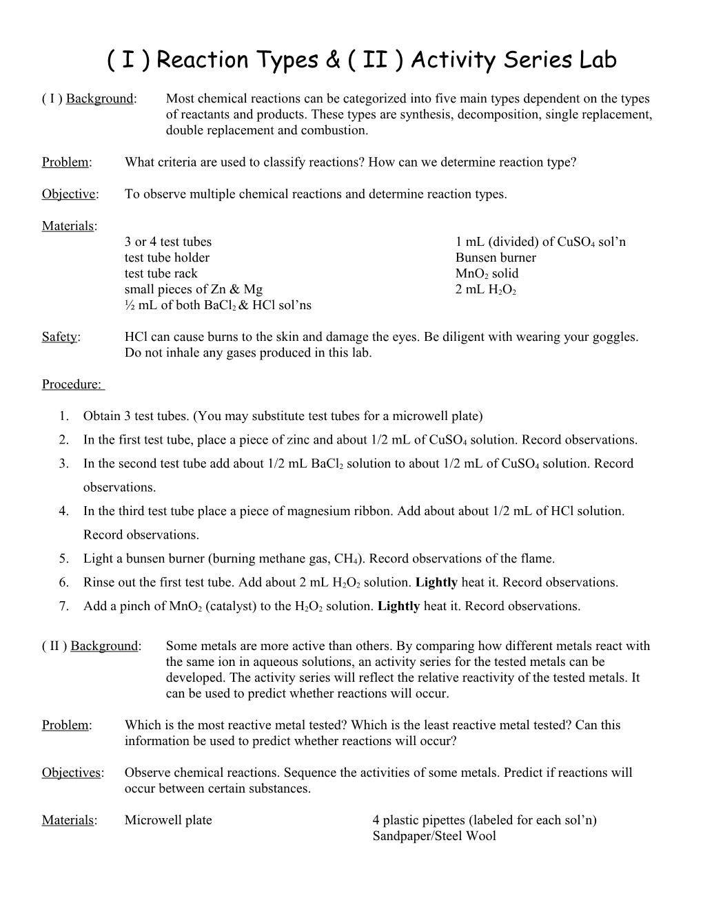 ( I ) Reaction Types & ( II ) Activity Series Lab