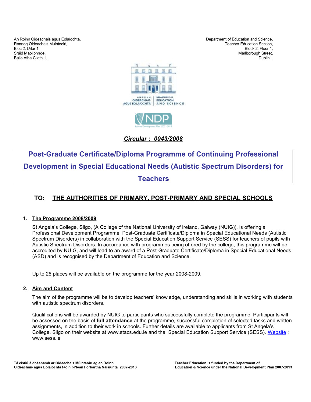 Circular 0043/2008 - Post-Graduate Certificate/Diploma Programme of Continuing Professional