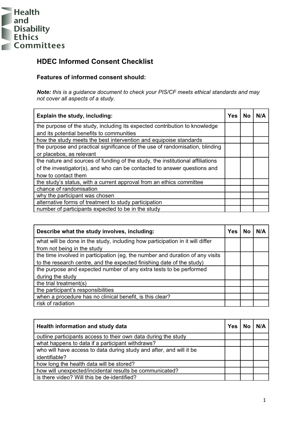 HDEC Informed Consent Checklist