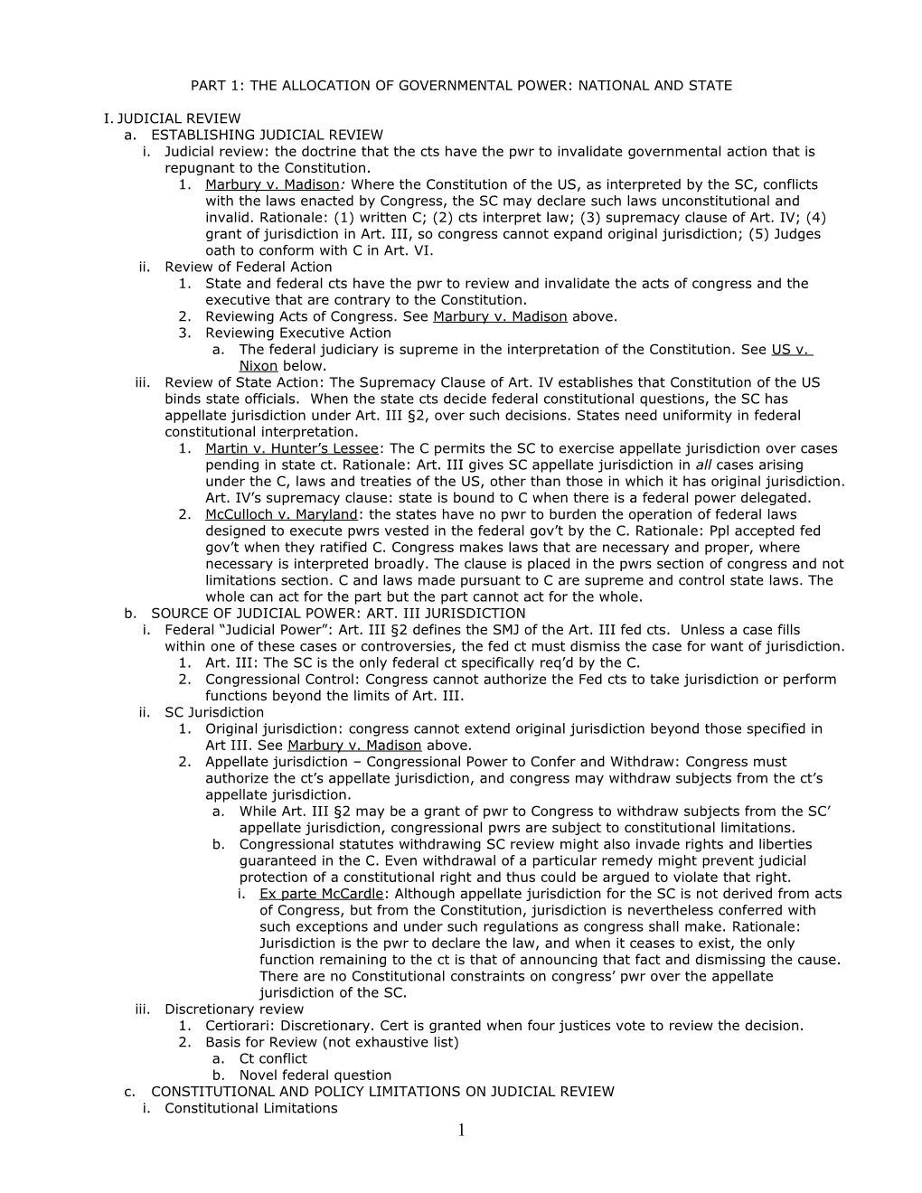 Part 1: the Allocation of Governmental Power: National and State