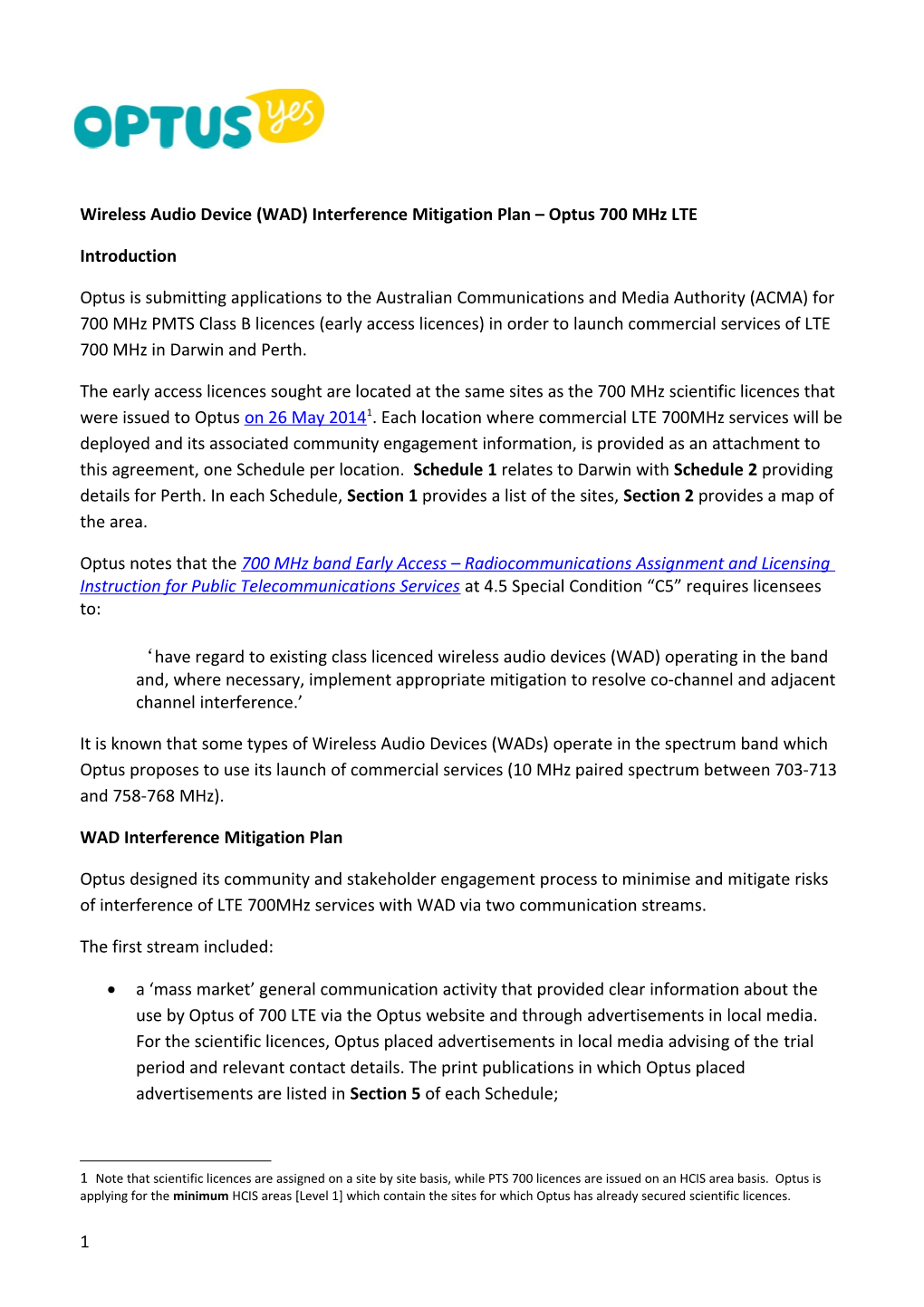 Wireless Audio Device (WAD) Interference Mitigation Plan Optus 700 Mhz LTE