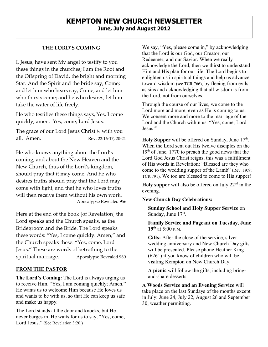 KEMPTON NEW CHURCH NEWSLETTER, June, July and August 2012 Page 3