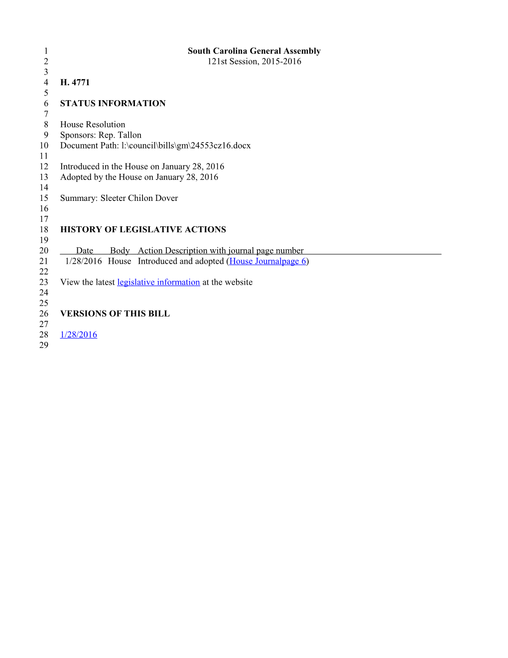 2015-2016 Bill 4771: Sleeter Chilon Dover - South Carolina Legislature Online